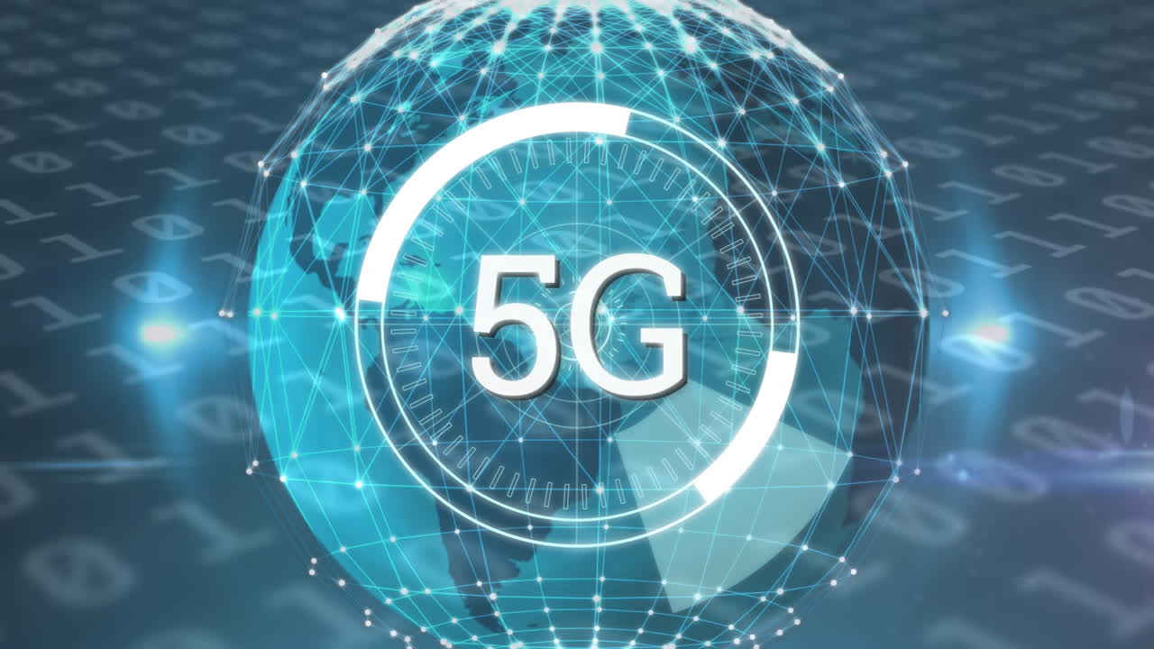 animazione del testo 5g con scansione a campo bianco su globo digitale e numeri binari