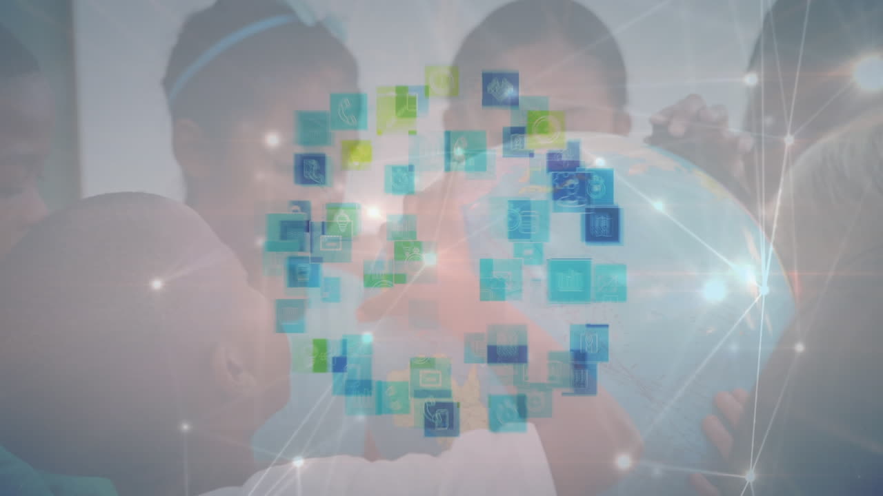 animación de la red de conexión con iconos sobre diversos alumnos en el aula