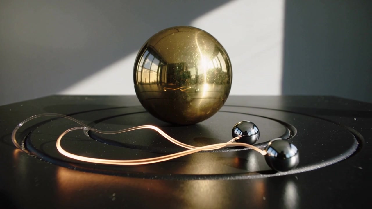 Disco ranhurado giratório movendo duas esferas cromadas em fio de cobre, passando por uma esfera de latão, com luz de janela.