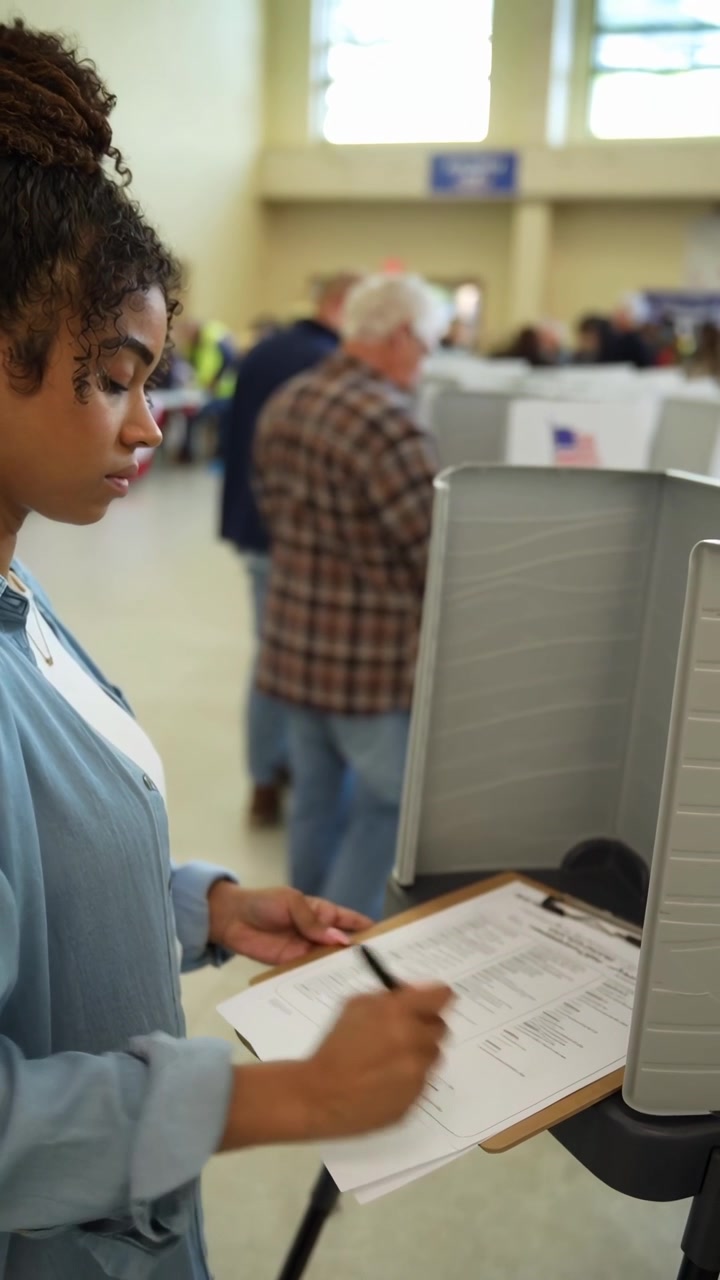 Young Woman Filling Out Ballot at Voting Station