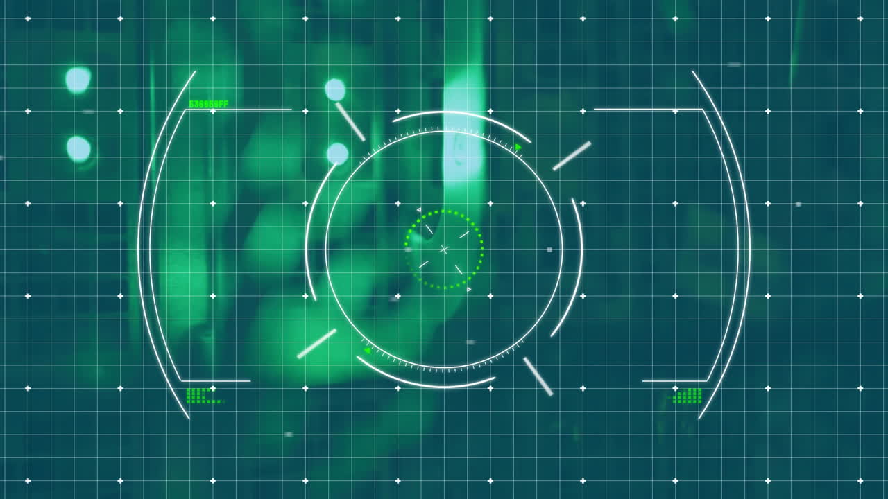 원형 인터페이스 요소와 함께 녹색 격자 배경에 타링 시스템 애니메이션