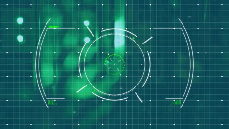 animación del sistema de orientación en fondo de cuadrícula verde con elementos de interfaz circular