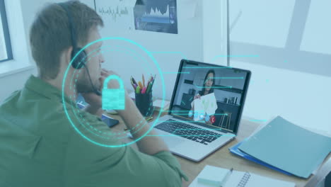 animation of digital padlock icon over man using laptop on video call