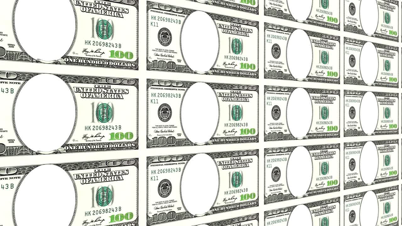 los billetes de 100 dólares sin cara en 3d. en bucle.