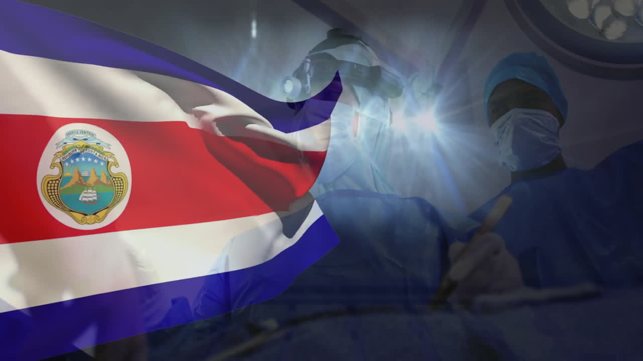 Surgeons performing operation with Costa Rican flag animation overlay in bright room