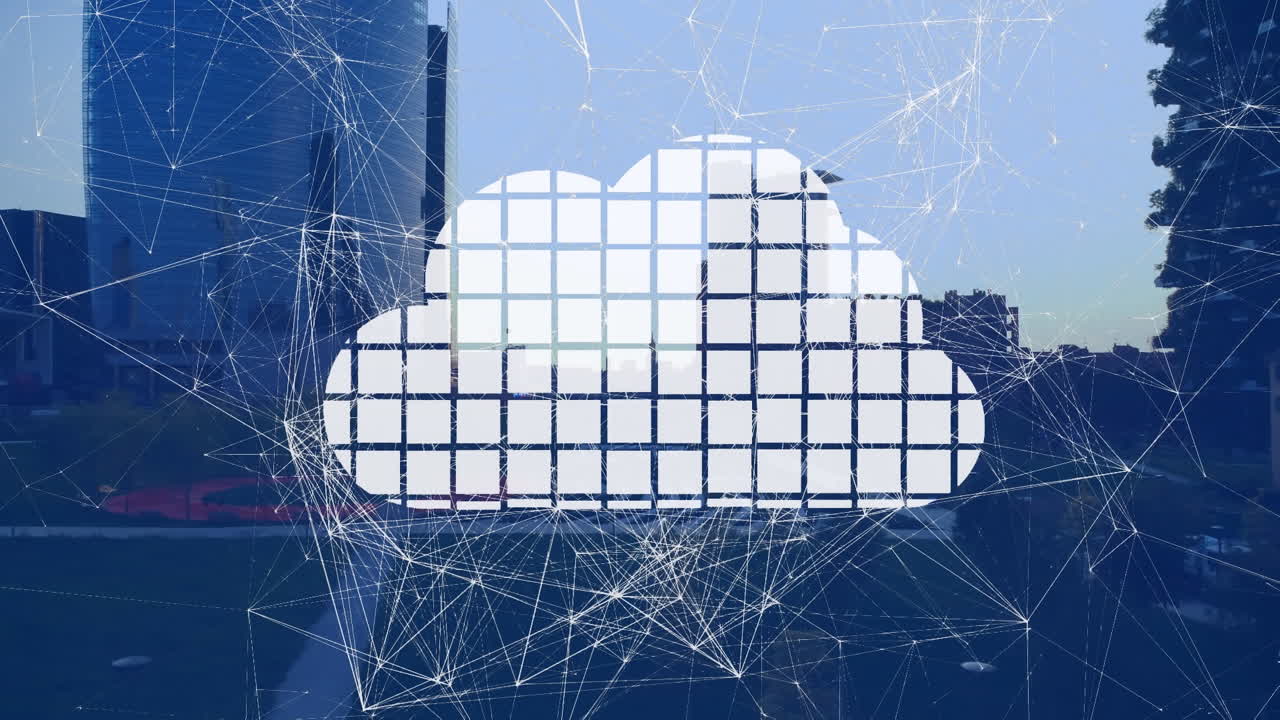 animación del icono de la nube digital y la red de conexiones sobre el paisaje urbano.
