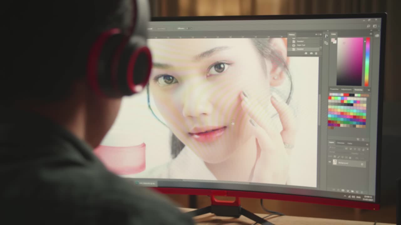 Close Up Asian Male Digital Editor Works In Photo Editing Software On His Personal Computer With Big Display, He Works At Night