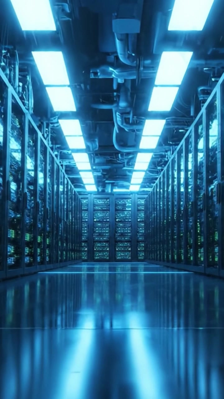 Un Corridoio di Data Center ad Alta Tecnologia Illuminato da Luci LED Brillanti, Che Mostra File di Server e Apparecchiature di Rete Avanzate All'Interno di un'Infrastruttura Moderna.