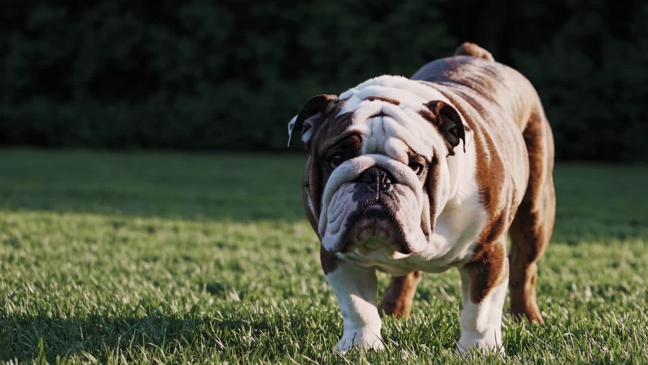 A low-angle video captures a bulldog walking on grass, highlighting its muscular build