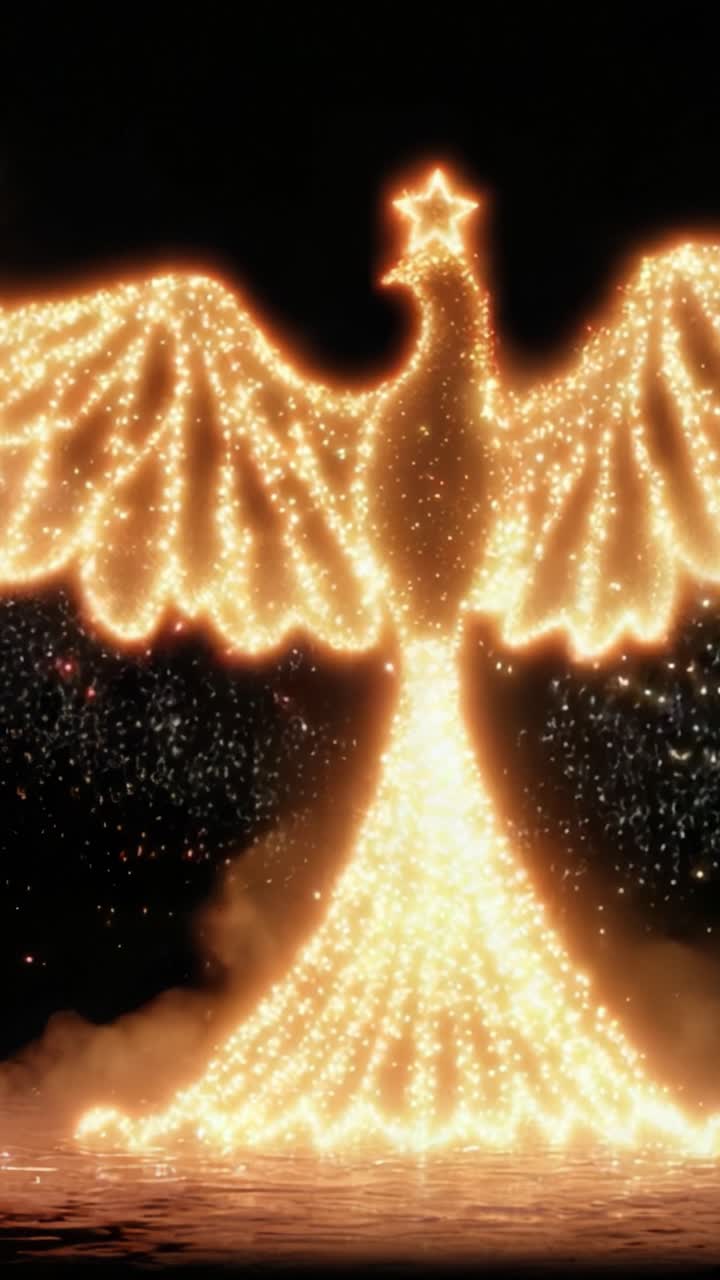 A mesmerizing transformation from cascading sparks to radiant wings, illuminating the dark background with vibrant colors and a magical essence of wonder and beauty