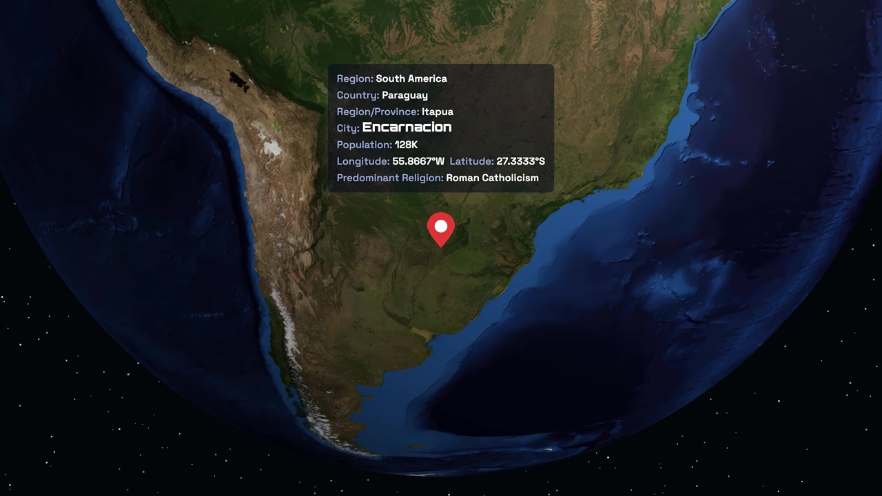 Digital globe rotates and zooms into South America, highlighting Encarnacion, Paraguay with informational text