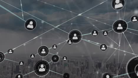 Animation-showing-connections-between-people-and-devices-in-a-cloudy-background