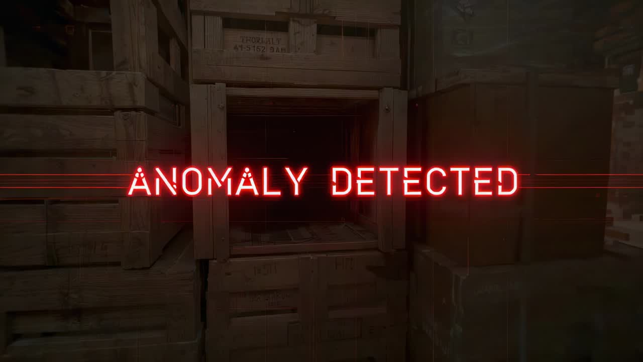 Flashing red ANOMALY DETECTED overlay appearing over stacked crates in dusty warehouse, dimming