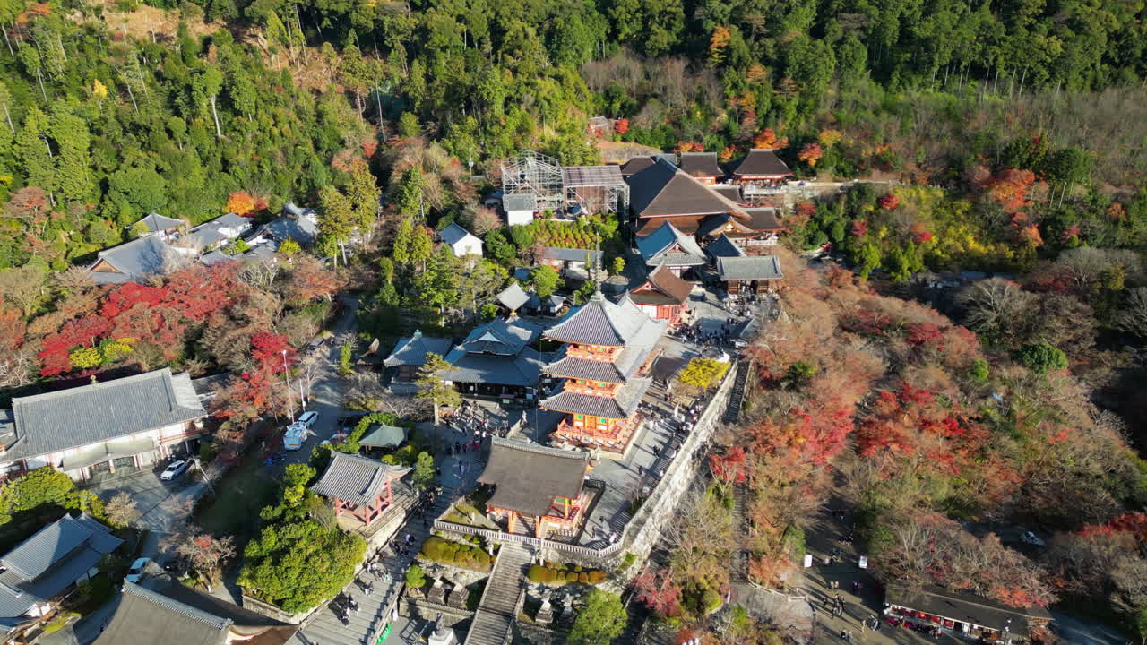 Aerial view toward the Kiyomizu-dera temple, sunny, fall day in Kyoto, Japan