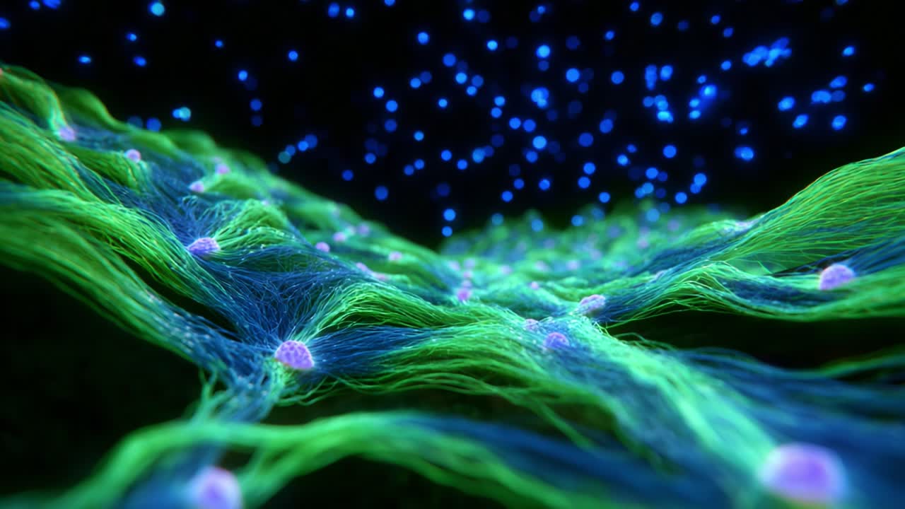 A captivating view of intricate biological structures, highlighting a network of vibrant green fibers and luminous blue particles, showcasing the delicate and complex interplay within a cellular environment