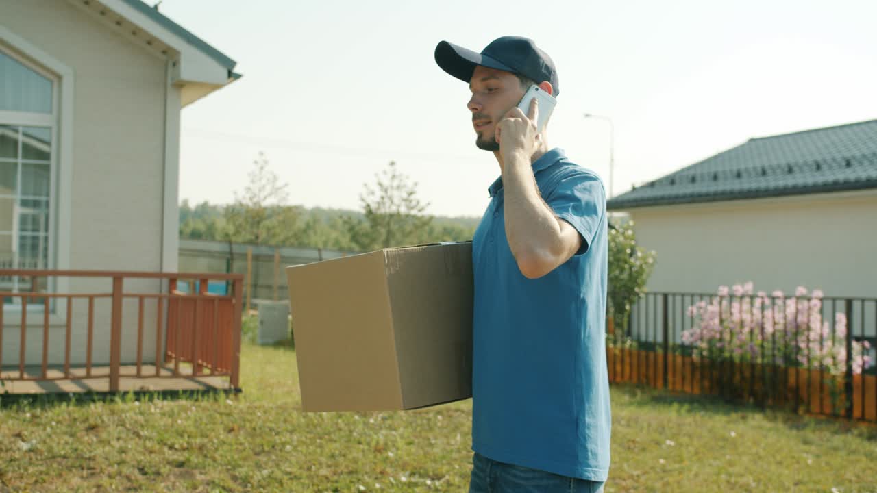 Slow motion of delivery guy speaking on mobile phone carrying parcel in suburban area