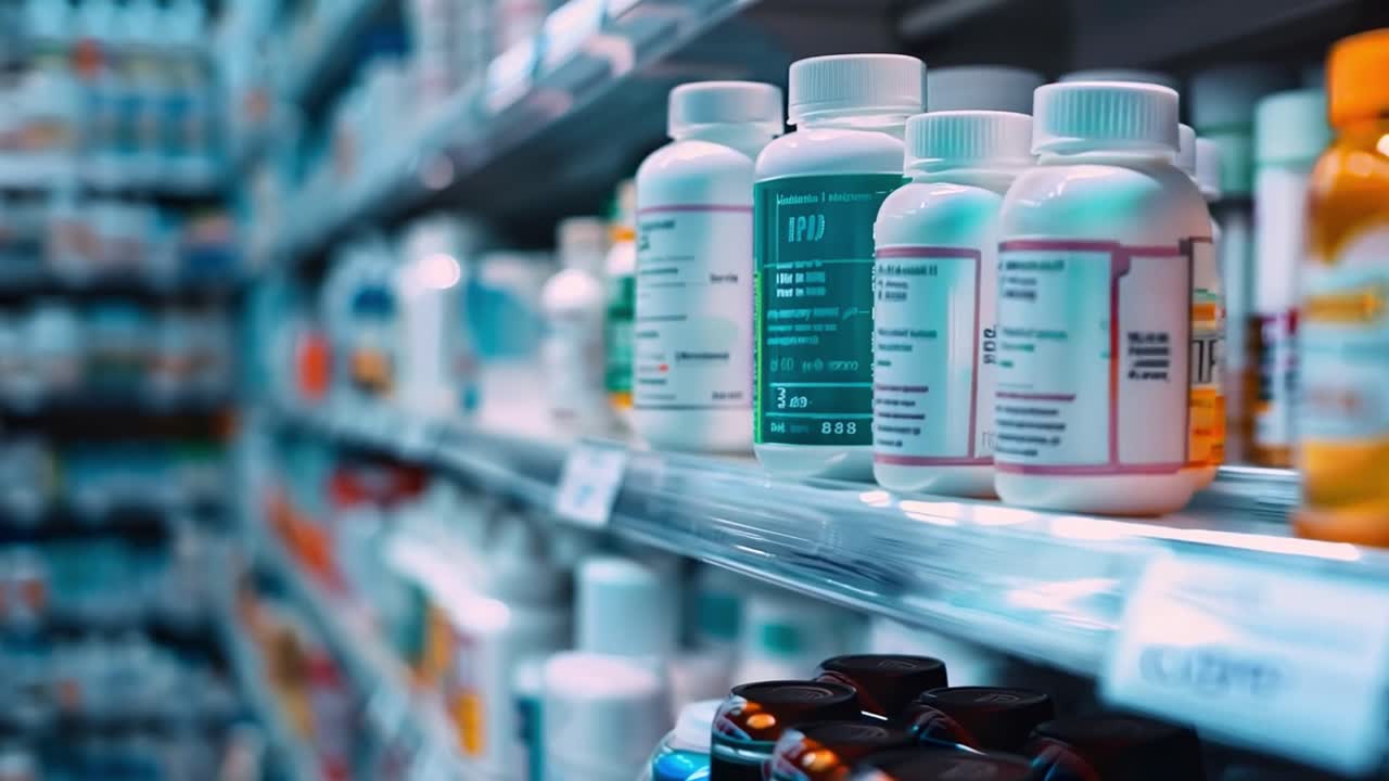 Pharmacy shelves filled with medicine bottles