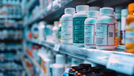 pharmacy shelves filled with medicine bottles