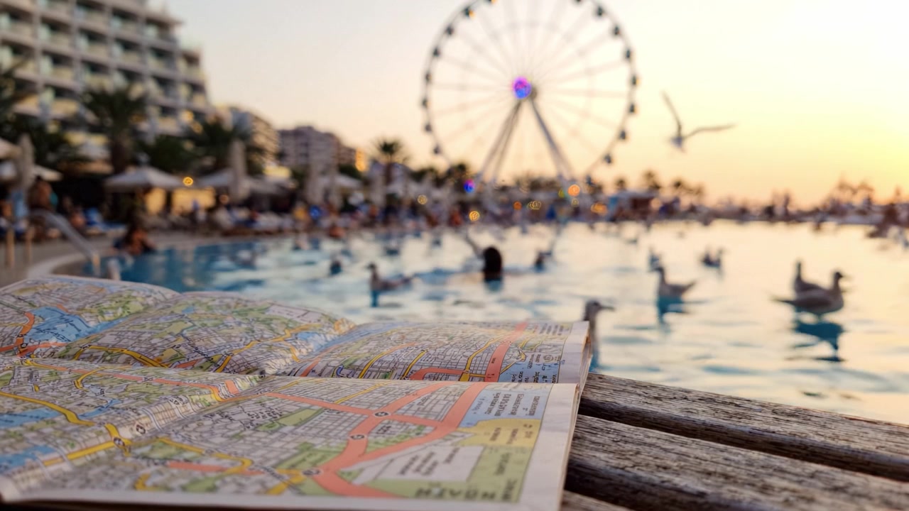 Una serena scena serale a bordo piscina con una mappa, dove i gabbiani planano sopra, riflettendo un tramonto dorato e la vivace ruota panoramica sullo sfondo.
