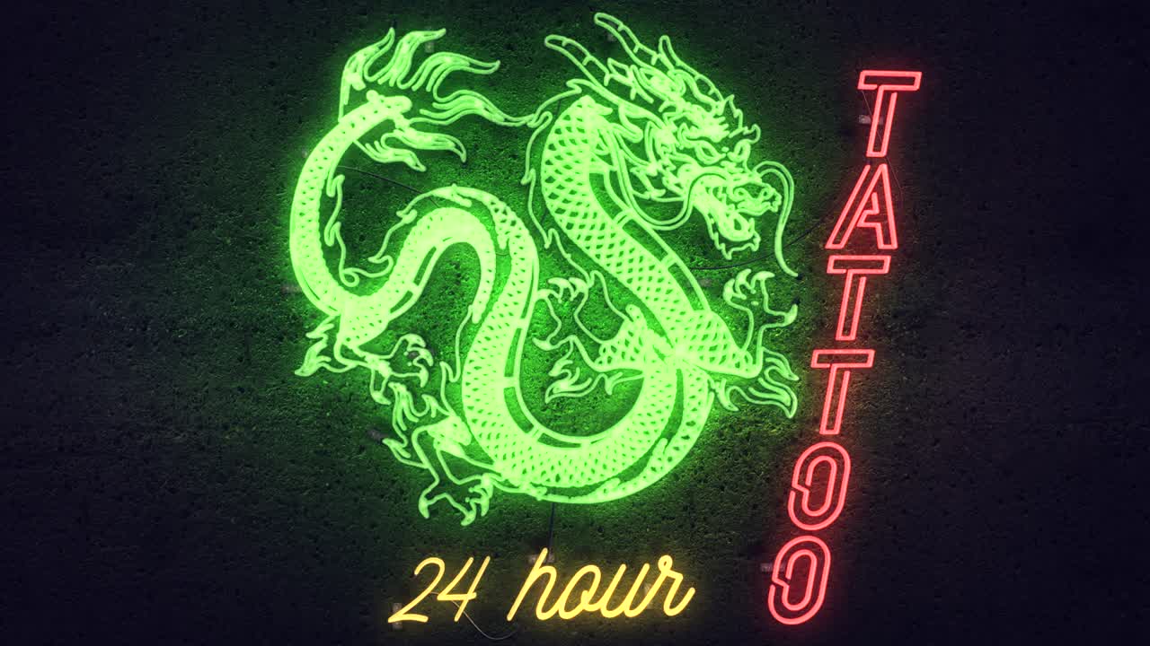 Realistic 3D render of a vivid and vibrant animated neon sign, with the words Tattoo 24 Hour flashing illuminated, with a concrete wall background