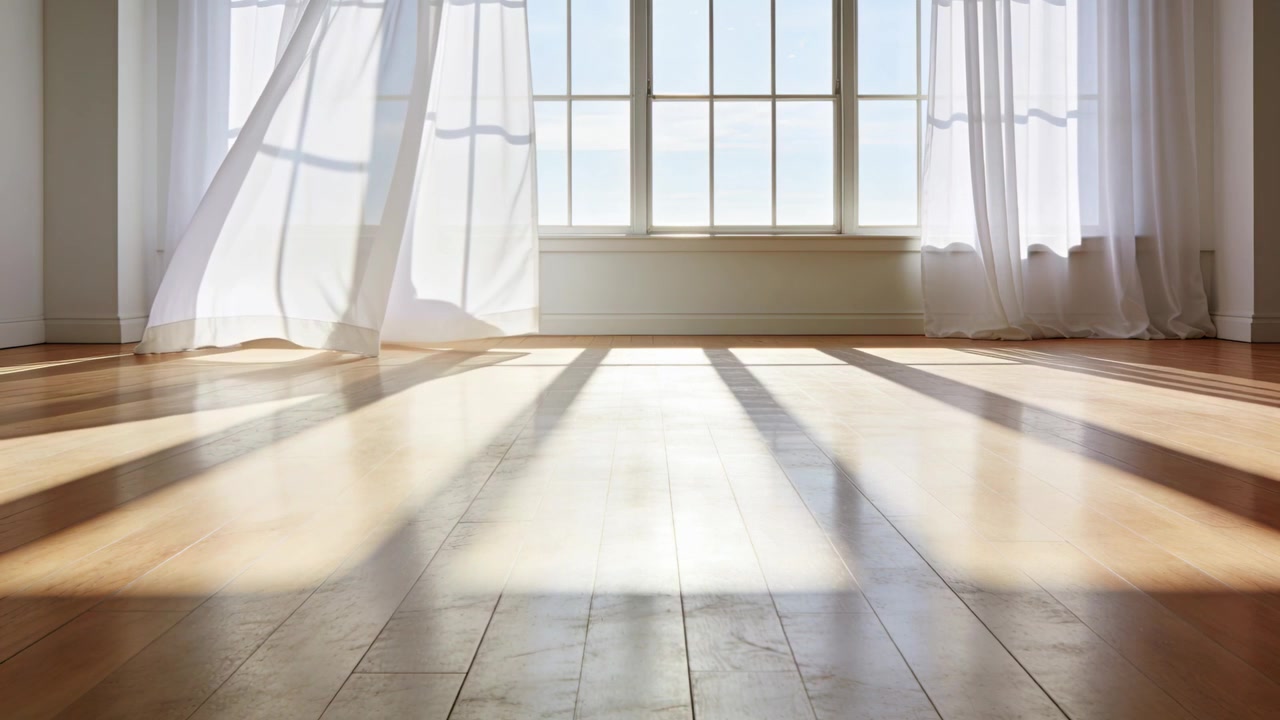 Swaying left sheer curtain moving from breeze across mullion window near floor, making light bands