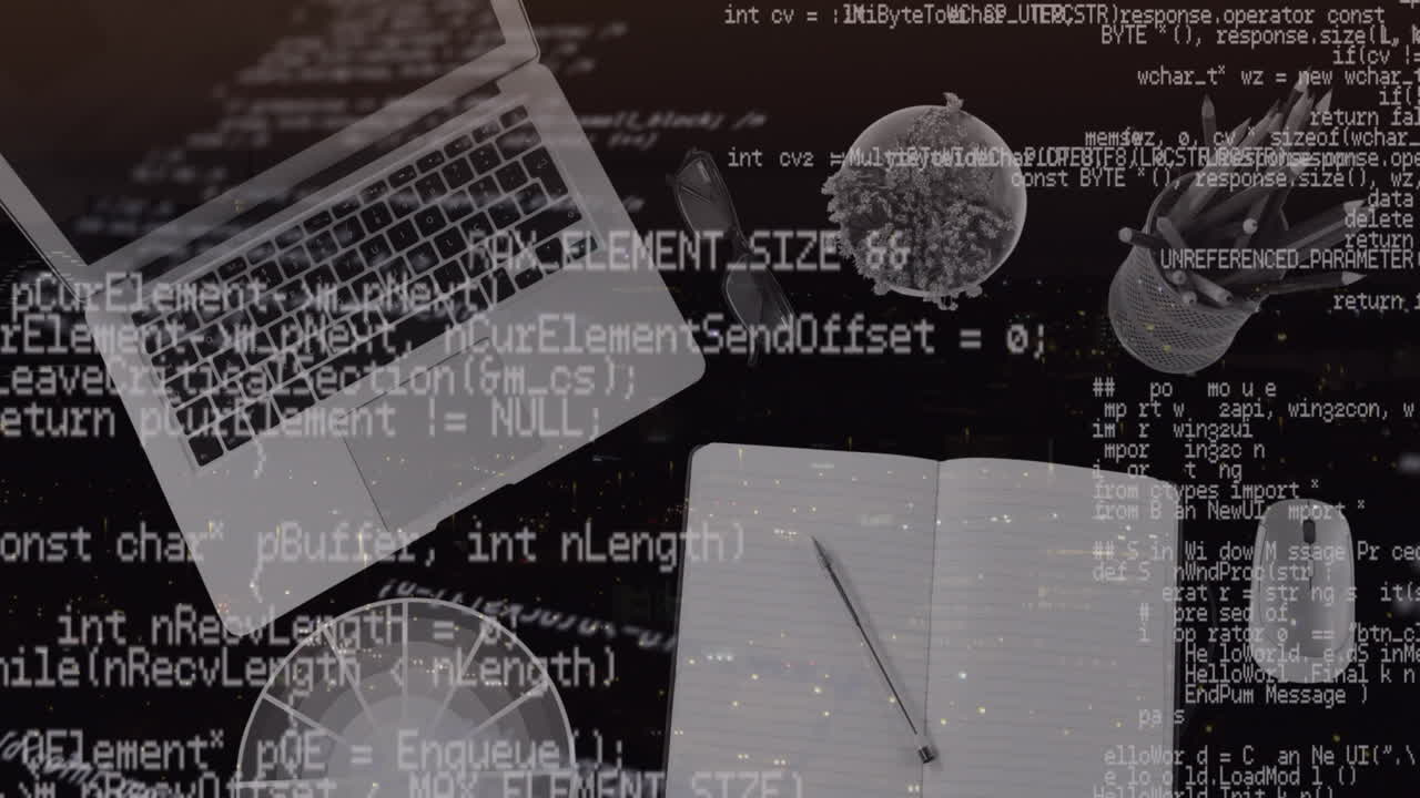 컴퓨터 언어의 애니메이션, 노트북, 책, 마우스 및 연필의 도시 위의 오버헤드 뷰