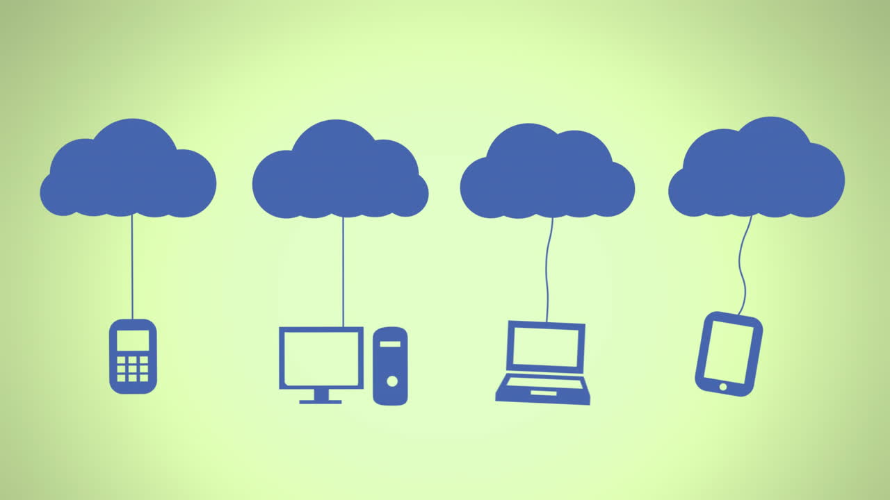 Animation of blue clouds and electronic devices icons over green background