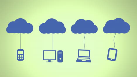 animation of blue clouds and electronic devices icons over green background