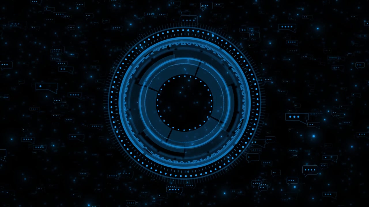 Communication message circle visual with blue hud rings floating comment icons particle depth and