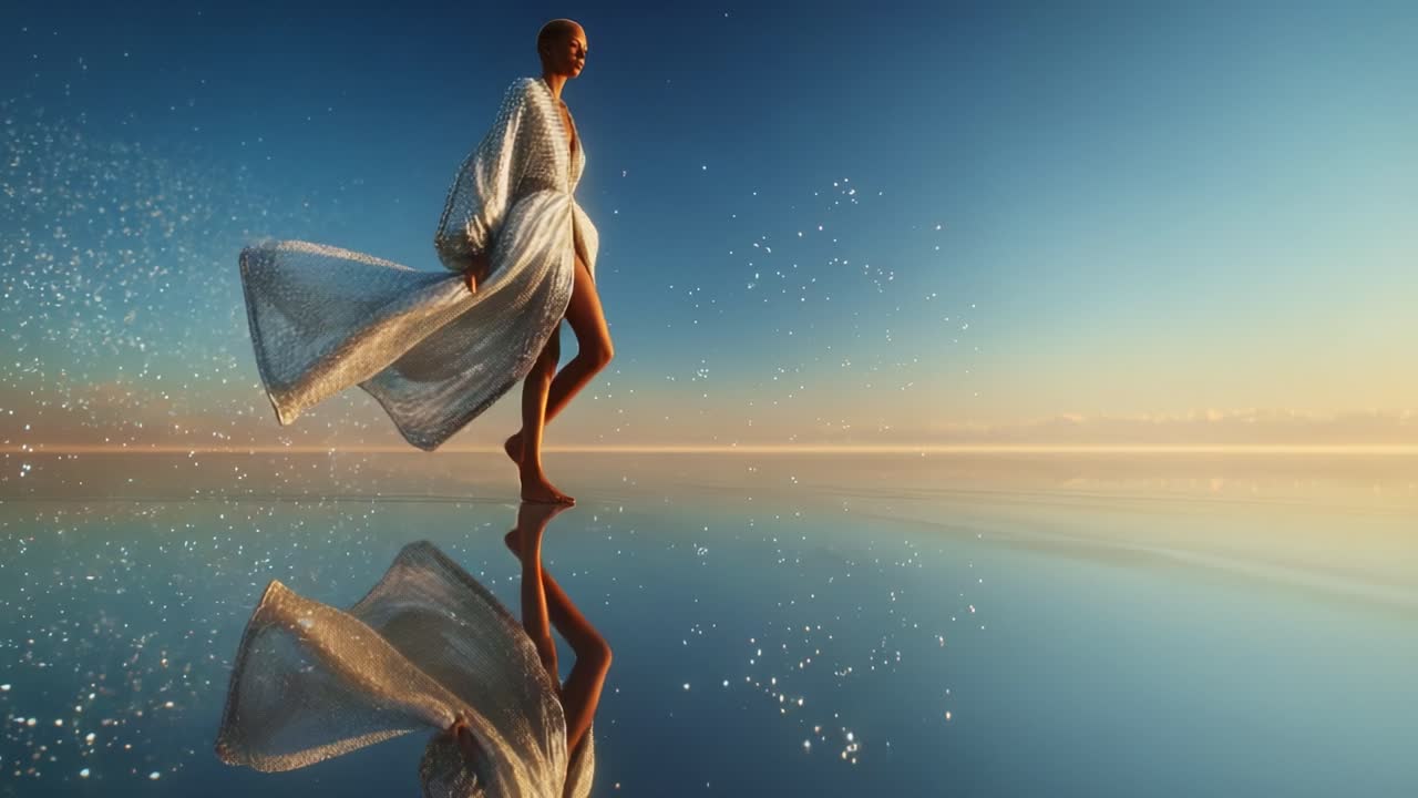 Una straordinaria rappresentazione di eleganza e bellezza, in cui una modella cammina con grazia su una superficie riflettente e scintillante, mostrando movimenti fluidi sullo sfondo mozzafiato di un tramonto.
