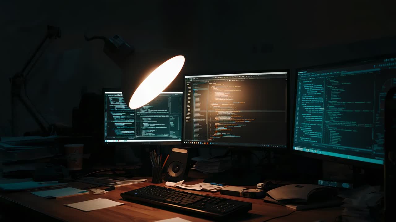 Shifting workstation lighting, lamp swinging at home desk, with monitors showing code and keyboard