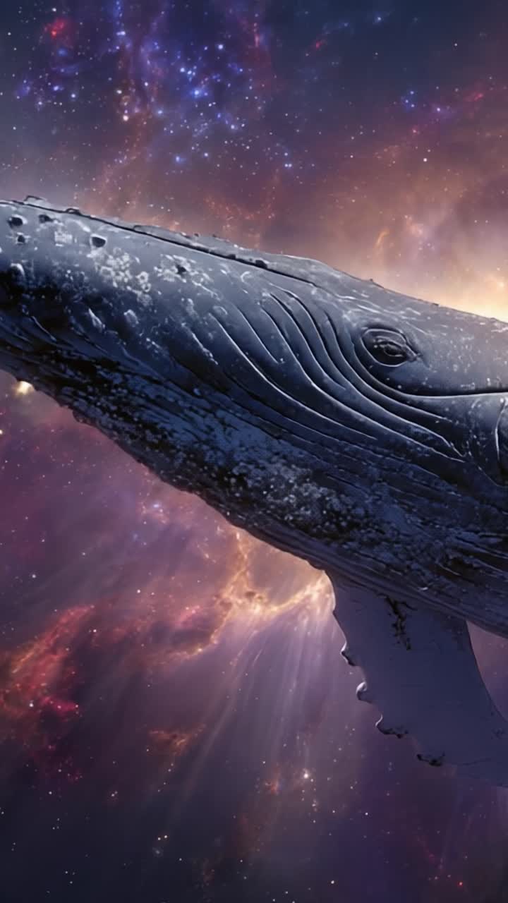 A Majestic Humpback Whale Surfaces Through a Cosmic Background, Blending the Beauty of Marine Life with the Mysteries of the Universe and Space Exploration