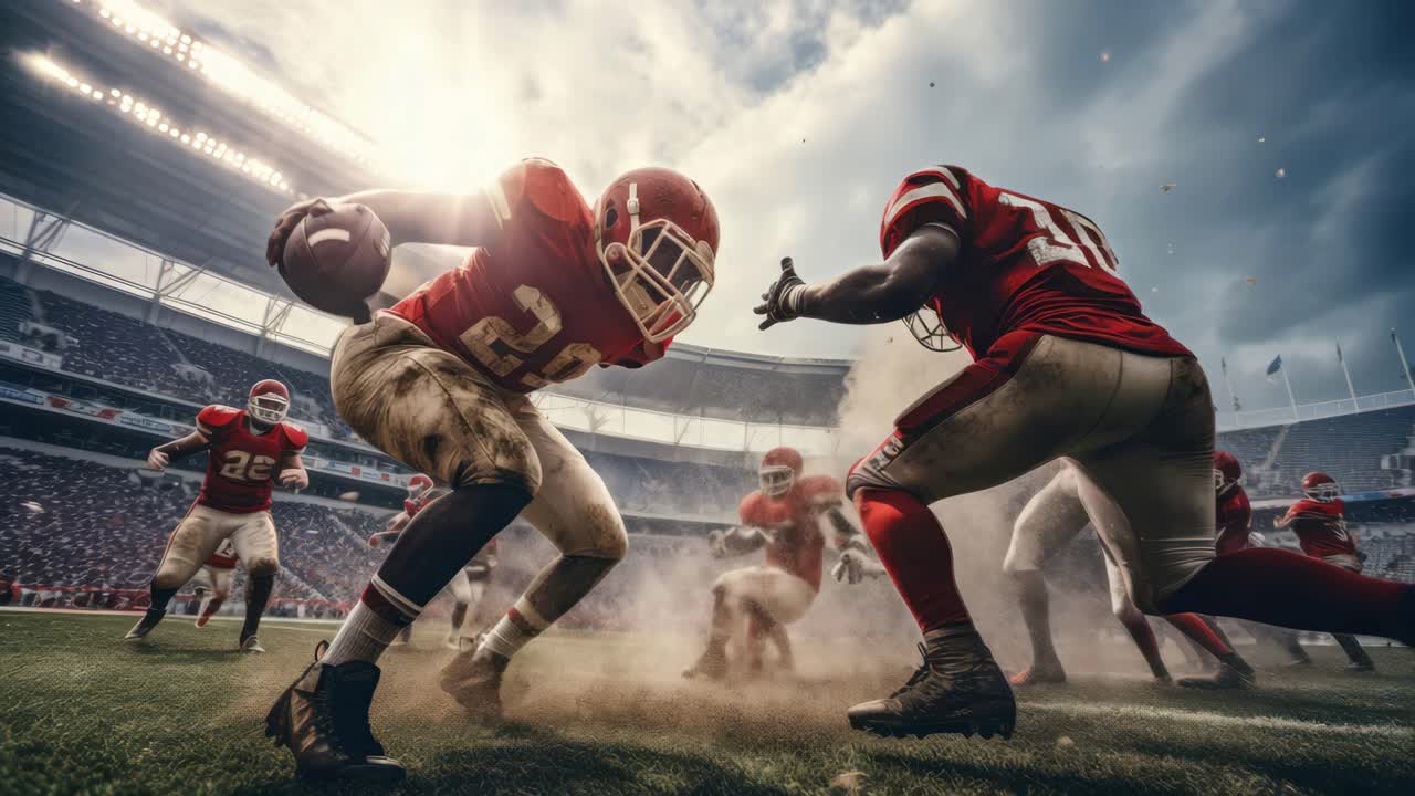 Scatto dinamico dal basso di giocatori di football in azione su un campo polveroso, che cattura l'intensità