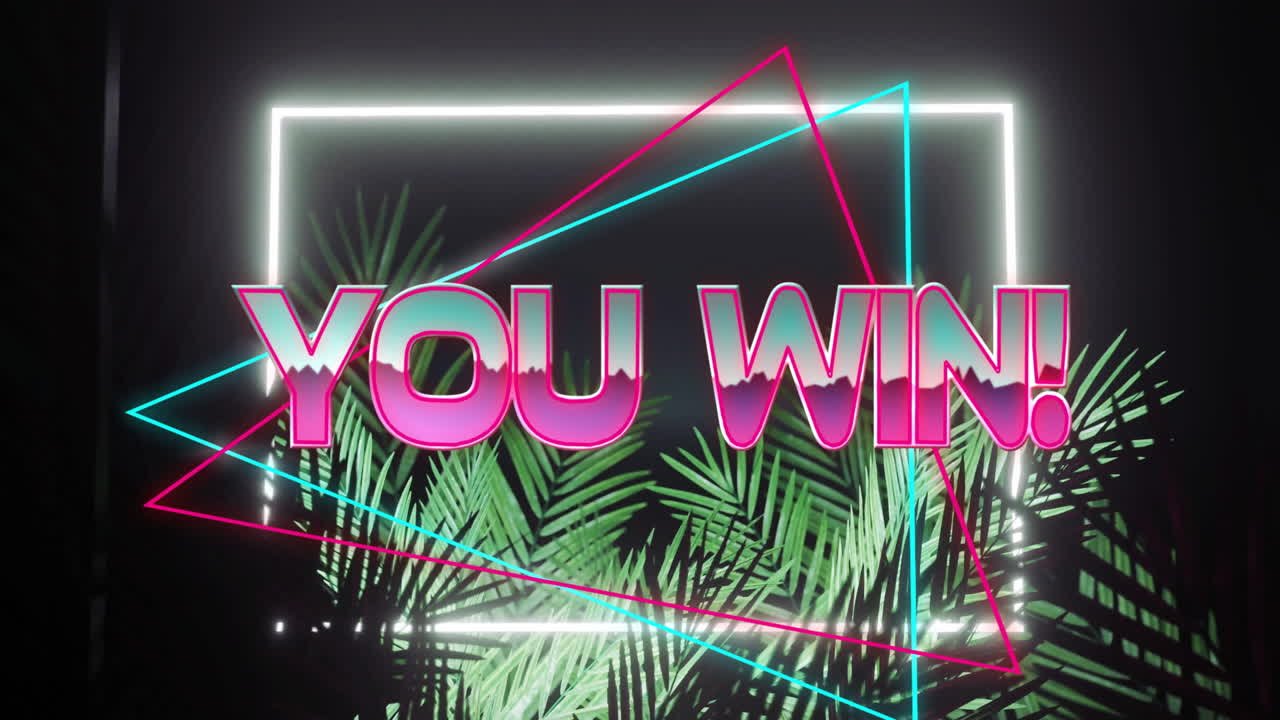 Animation of You Win! text over tropical leaves with geometric shapes