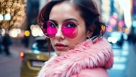 una mujer con un abrigo de piel rosa y gafas de sol rosas en una calle de la ciudad