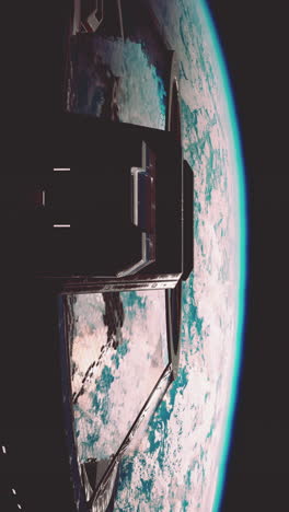 a spacecraft orbiting earth, with the planet's curvature visible through the window.