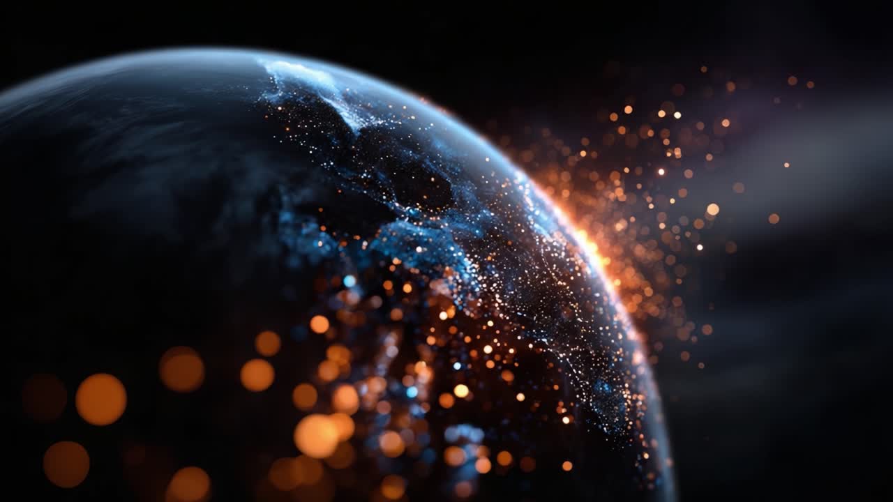 Scena cosmica dinamica: una vista mozzafiato della Terra circondata da particelle luminose e scintille energetiche in uno sfondo spaziale scuro