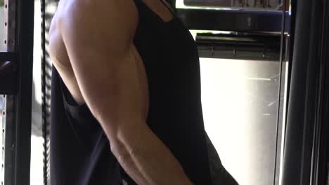 muscly man in home gym exercising bicep curls big arms shot from side