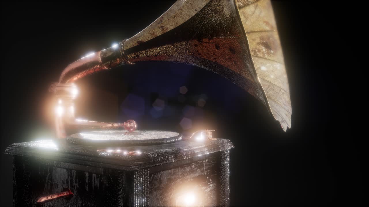 레트로 테크놀로지로 어두운 곳에서 빈티지 그라모폰을 연주합니다.