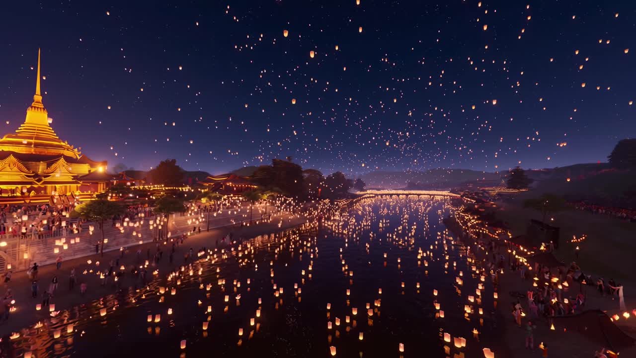 Vista aérea en video de un festival de faroles sobre un río, con un templo y un cielo nocturno de fondo