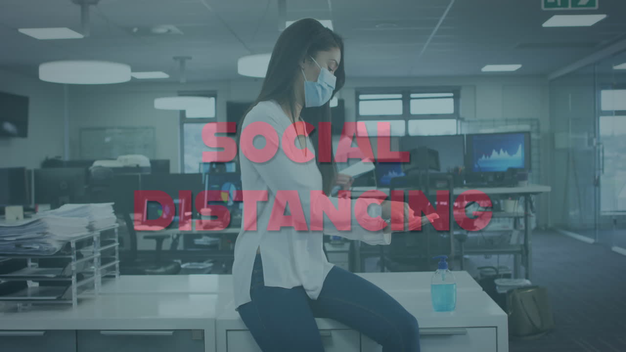 Animation of words social distancing with work colleagues social distancing in office
