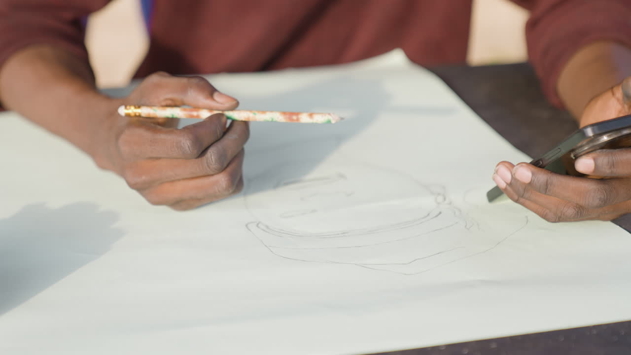 Artiste noir esquissant un portrait avec un téléphone, ses mains alternent entre le smartphone et le crayon, utilisant une référence photo pour affiner le contour pointillé et l'ombrage, sur une table en extérieur sous une lumière solaire chaude.