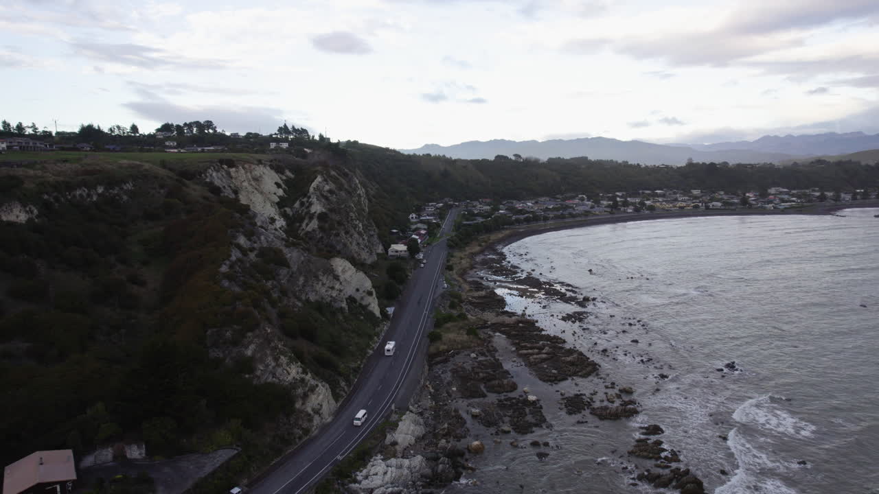 Aerial view following RV on the Esplanade of the Kaikoura town in New Zealand