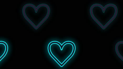 Pulsing-neon-blue-hearts-pattern-in-rows