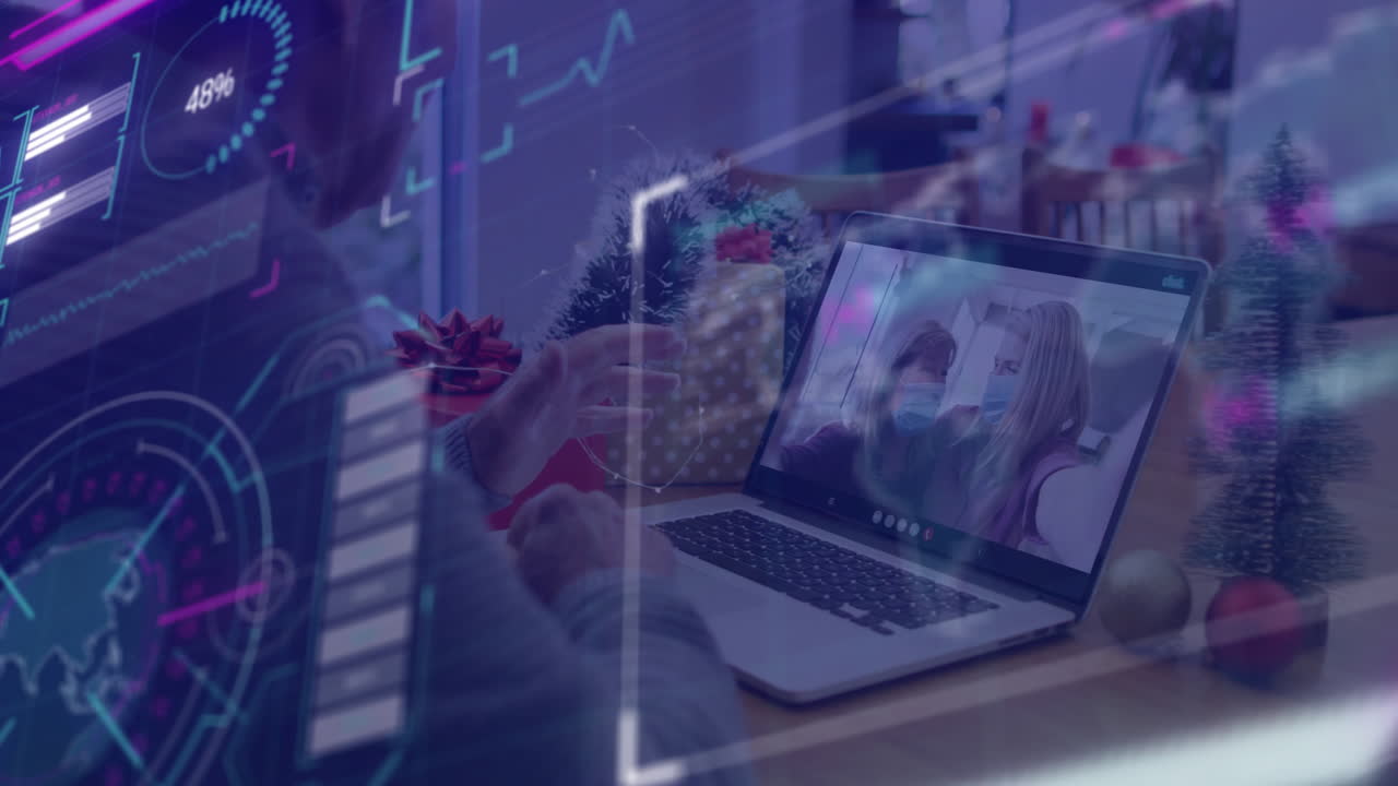 On video call, person using laptop with animation overlay in festive home