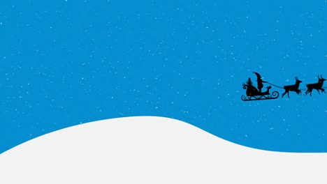 Animation-of-santa-claus-in-sleigh-with-reindeer-and-snow-falling-on-blue-background