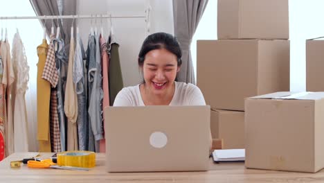 young asian woman entrepreneur celebrate with laptop