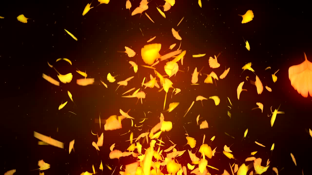 노란색 배경에 떨어지는 가을 잎, 진코 잎, 루프 글리터 애니메이션