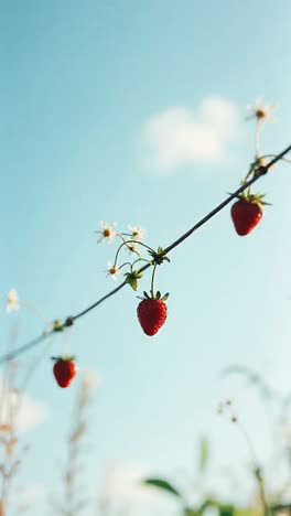 strawberries hanging on vine under sunny sky