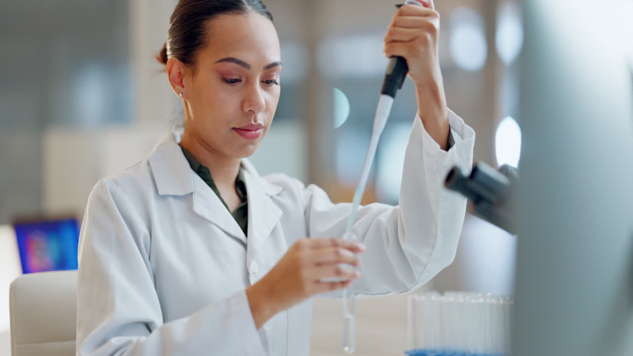 Science, research and happy woman with pipette